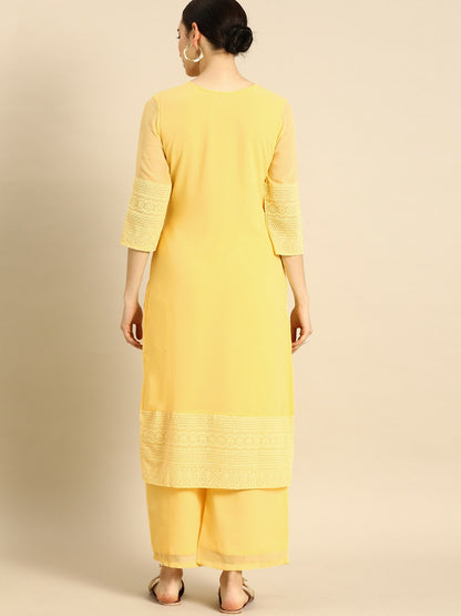 Women’s Yellow Chikankari Embroidered Kurta Set with Palazzos – Elegant Ethnic Wear | Indiaista