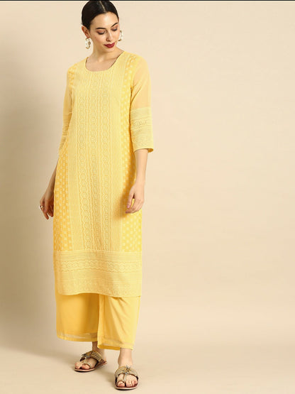 Women’s Yellow Chikankari Embroidered Kurta Set with Palazzos – Elegant Ethnic Wear | Indiaista