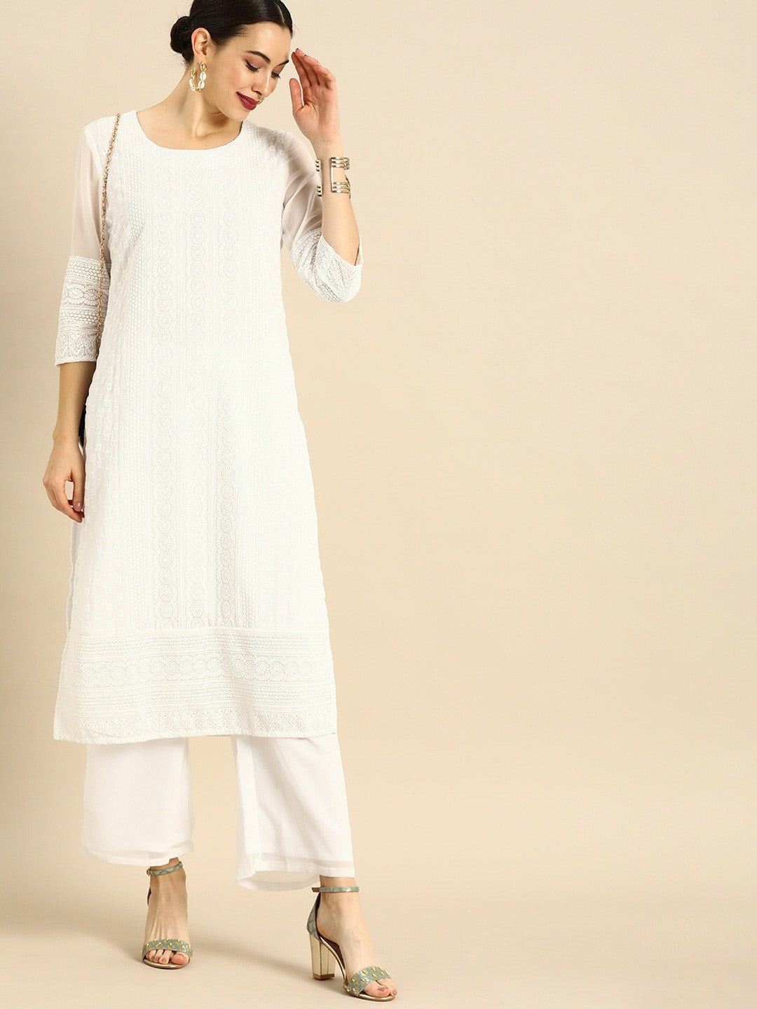 Women’s White Chikankari Embroidered Kurta Set with Palazzos – Elegant Ethnic Wear | Indiaista