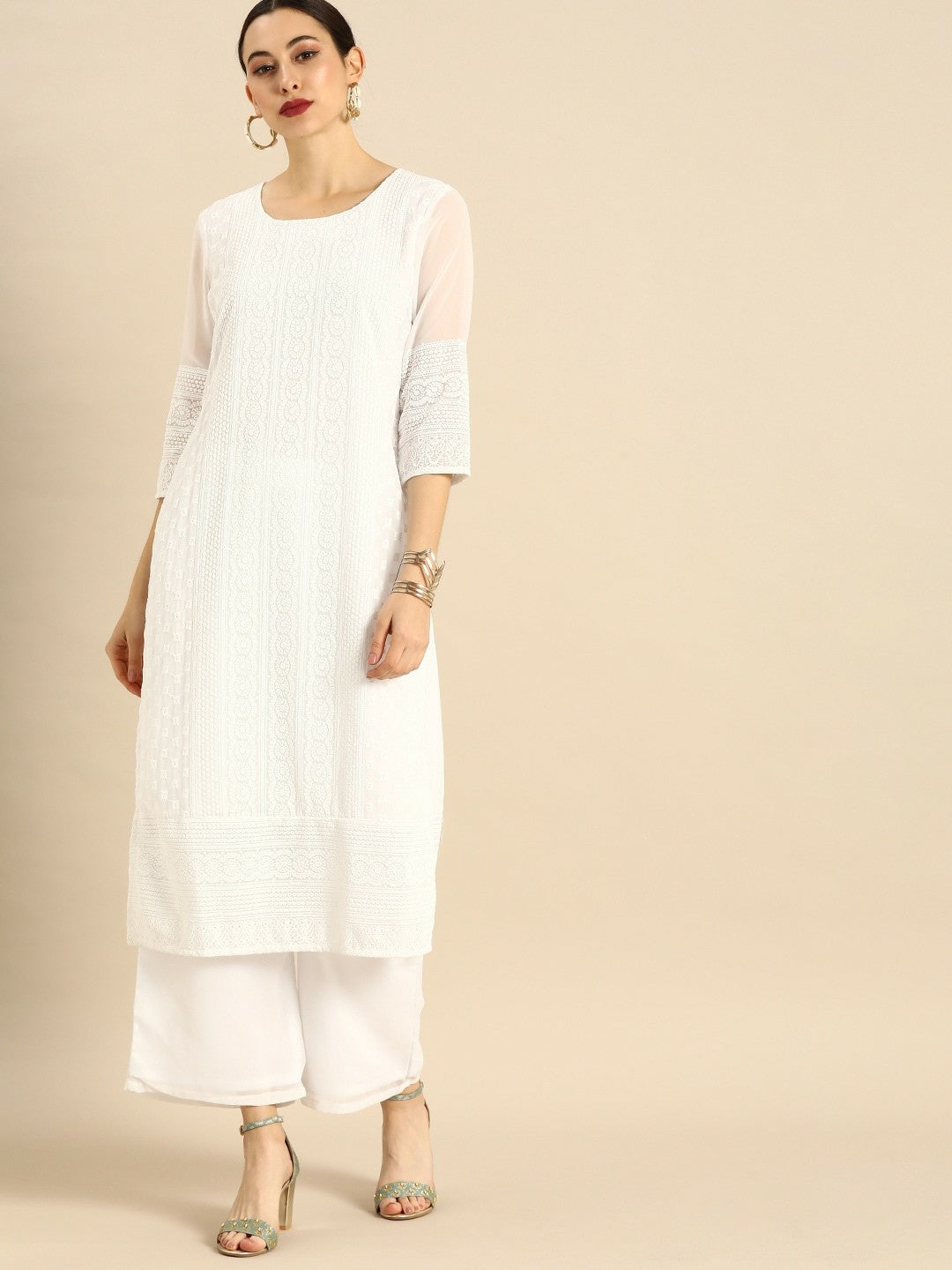 Women’s White Chikankari Embroidered Kurta Set with Palazzos – Elegant Ethnic Wear | Indiaista