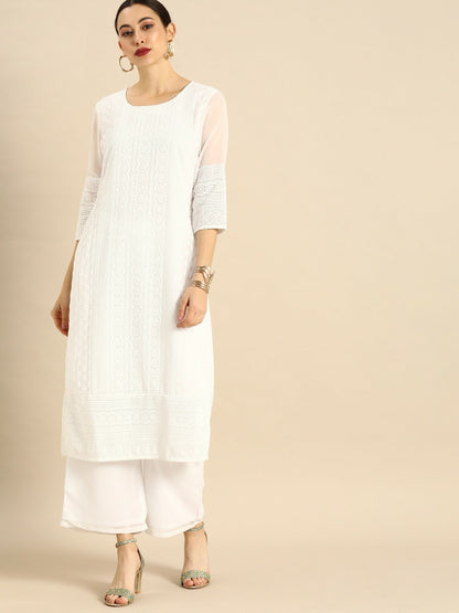 Women’s White Chikankari Embroidered Kurta Set with Palazzos – Elegant Ethnic Wear | Indiaista