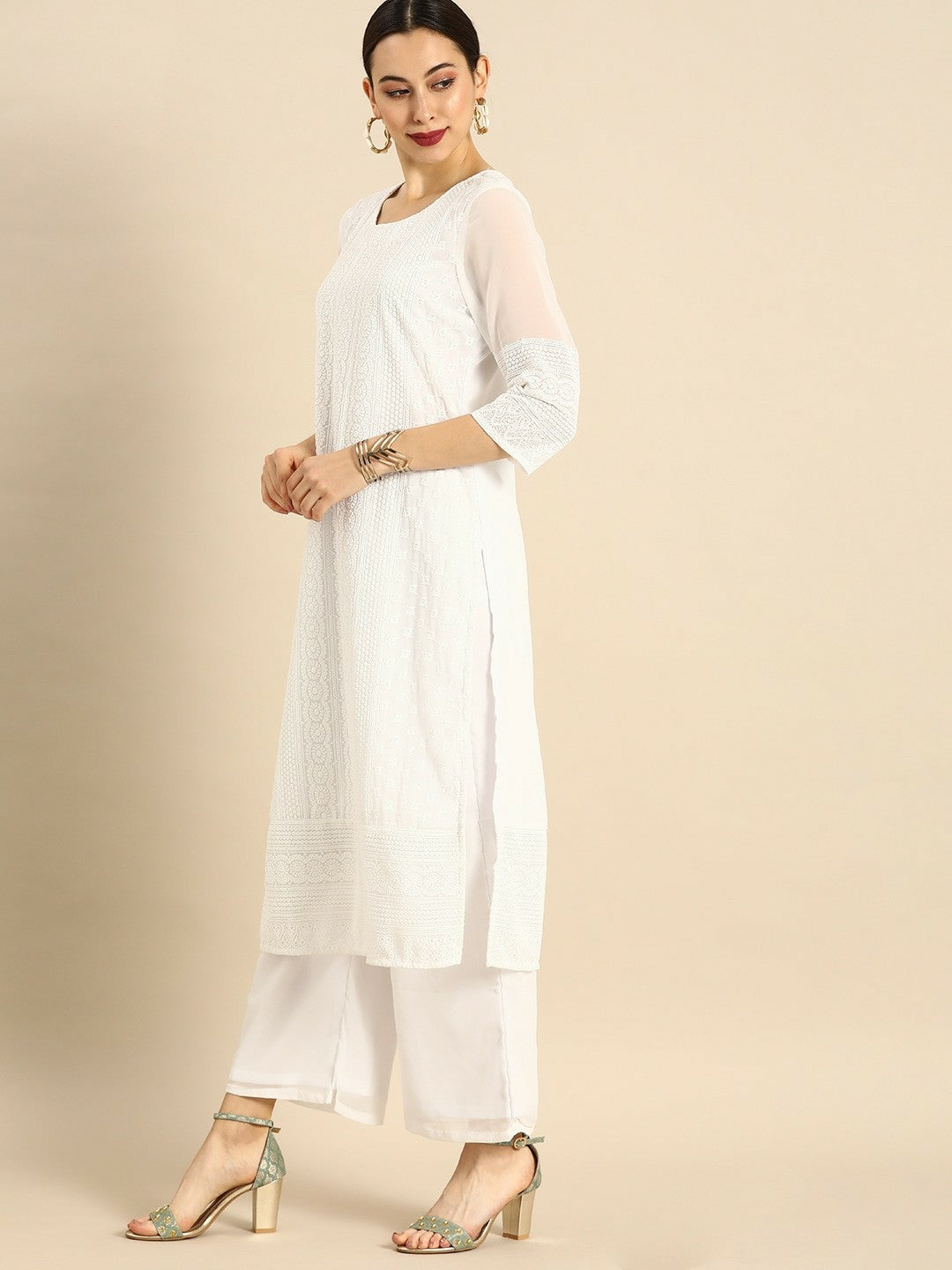 Women’s White Chikankari Embroidered Kurta Set with Palazzos – Elegant Ethnic Wear | Indiaista