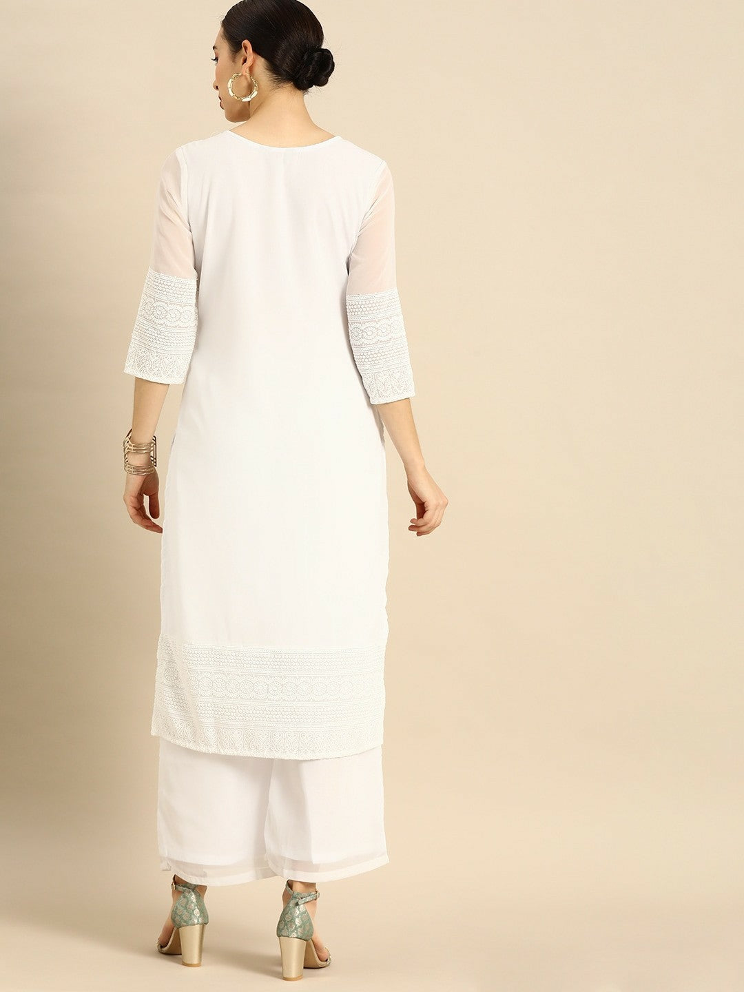 Women’s White Chikankari Embroidered Kurta Set with Palazzos – Elegant Ethnic Wear | Indiaista