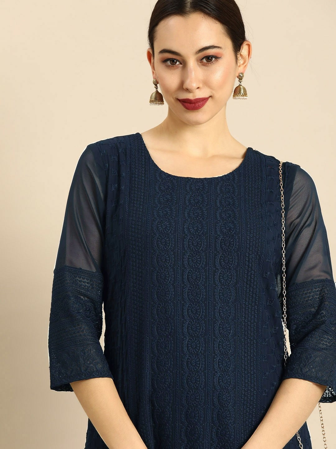 Women’s Navy Blue Chikankari Embroidered Kurta Set with Palazzos – Elegant Ethnic Wear | Indiaista