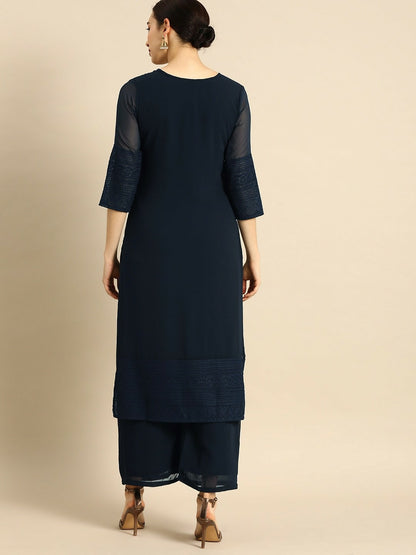 Women’s Navy Blue Chikankari Embroidered Kurta Set with Palazzos – Elegant Ethnic Wear | Indiaista