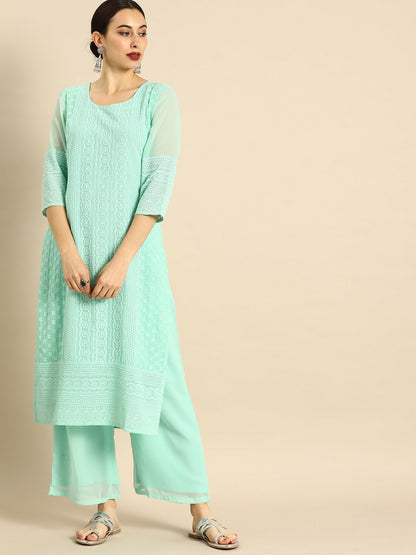 Women’s Blue Chikankari Embroidered Kurta Set with Palazzos – Ethnic Wear | Indiaista