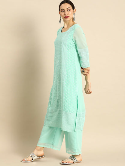 Women’s Blue Chikankari Embroidered Kurta Set with Palazzos – Ethnic Wear | Indiaista