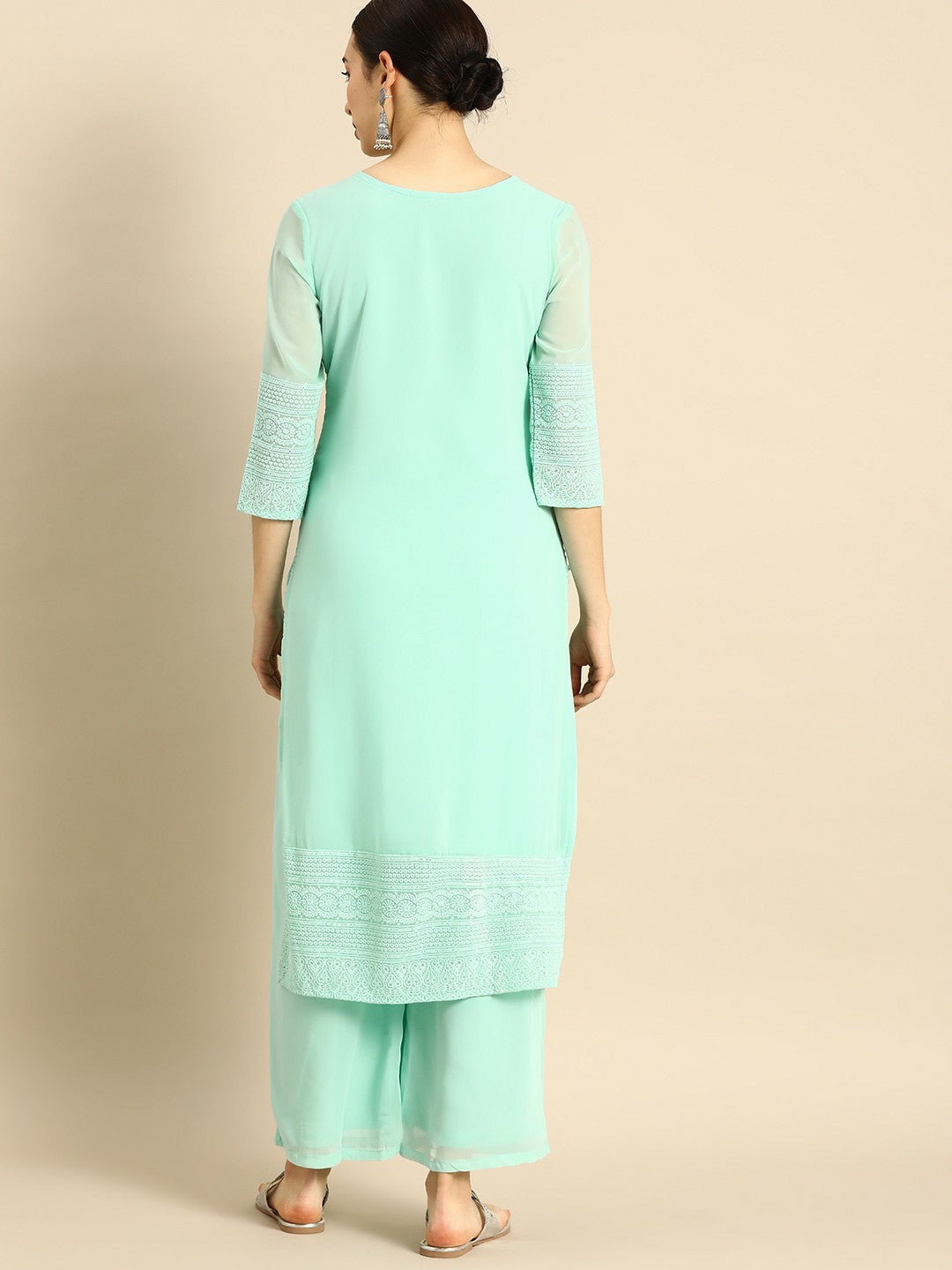 Women’s Blue Chikankari Embroidered Kurta Set with Palazzos – Ethnic Wear | Indiaista