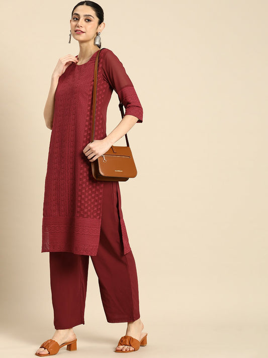 Maroon Chikankari Embroidered Kurta Set for Women – Ethnic Motifs, Palazzo Pants | Indiaista