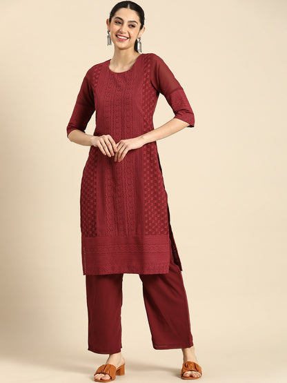 Maroon Chikankari Embroidered Kurta Set for Women – Ethnic Motifs, Palazzo Pants | Indiaista