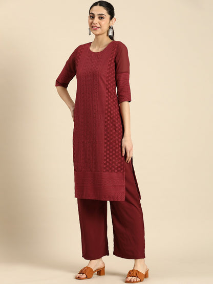 Maroon Chikankari Embroidered Kurta Set for Women – Ethnic Motifs, Palazzo Pants | Indiaista