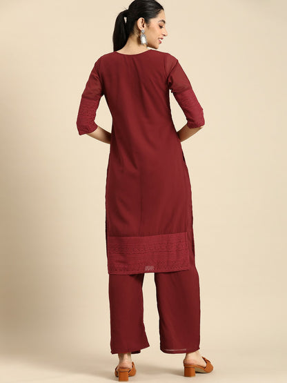 Maroon Chikankari Embroidered Kurta Set for Women – Ethnic Motifs, Palazzo Pants | Indiaista