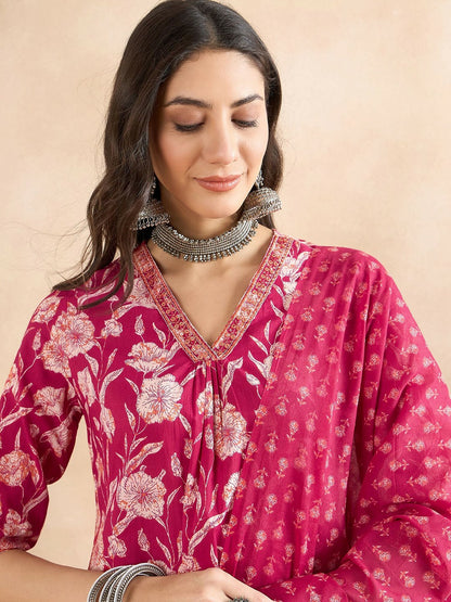 Maroon Floral Printed Pure Cotton Kurta Set for Women – Thread Work, Trousers & Dupatta | Indiaista