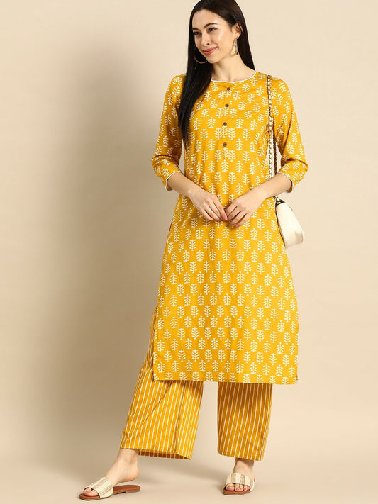 Women’s Yellow & White Printed Kurta Set with Palazzos – Ethnic Wear for Everyday Elegance | Indiaista