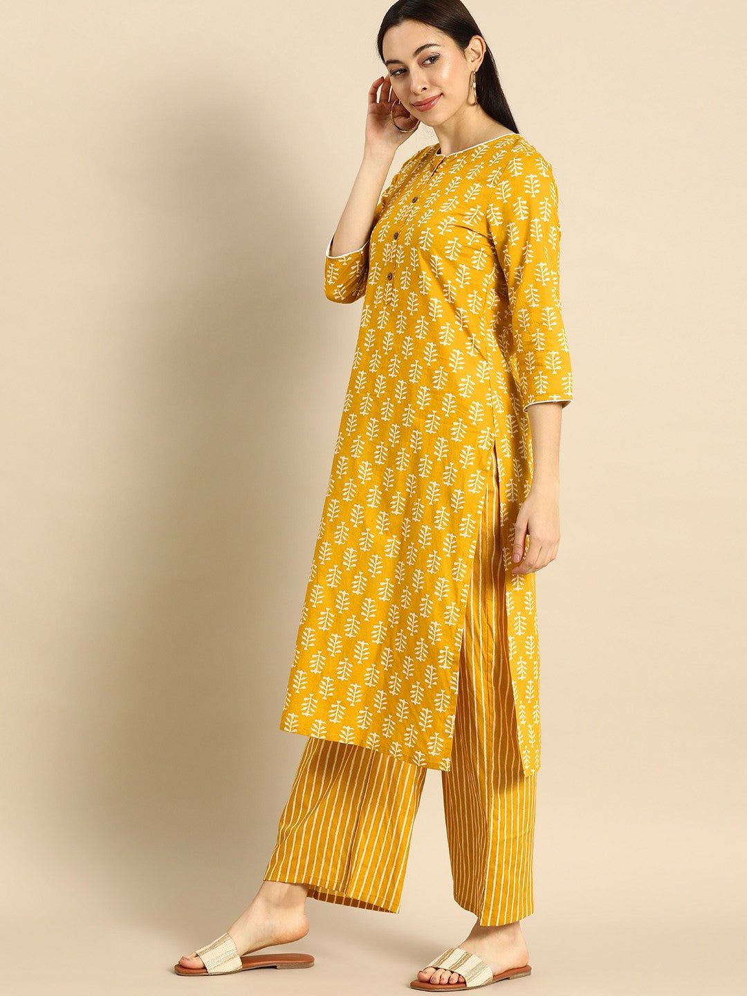 Women’s Yellow & White Printed Kurta Set with Palazzos – Ethnic Wear for Everyday Elegance | Indiaista