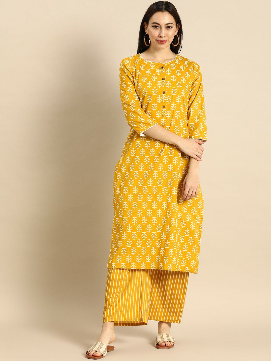 Women’s Yellow & White Printed Kurta Set with Palazzos – Ethnic Wear for Everyday Elegance | Indiaista