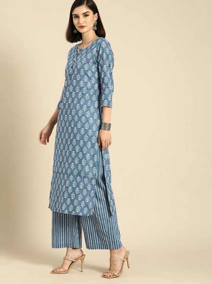 Women’s Blue Ethnic Motifs Printed Cotton Kurta Set with Striped Palazzos | Indiaista