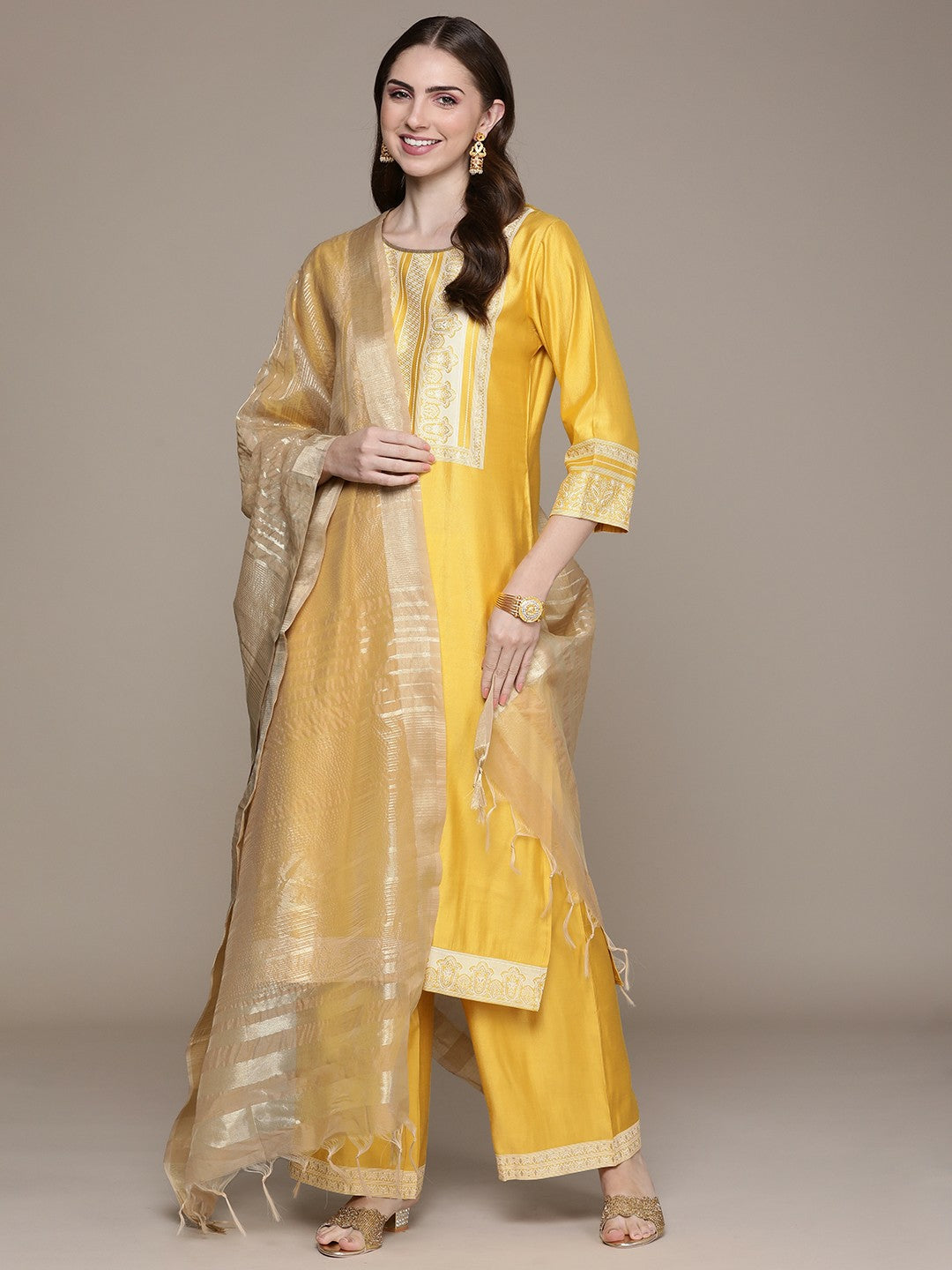 Women’s Yellow Geometric Printed Liva Kurta Set with Palazzos & Dupatta | Indiaista