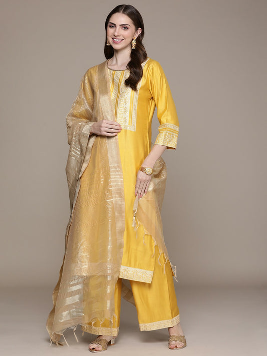 Women’s Yellow Geometric Printed Liva Kurta Set with Palazzos & Dupatta | Indiaista