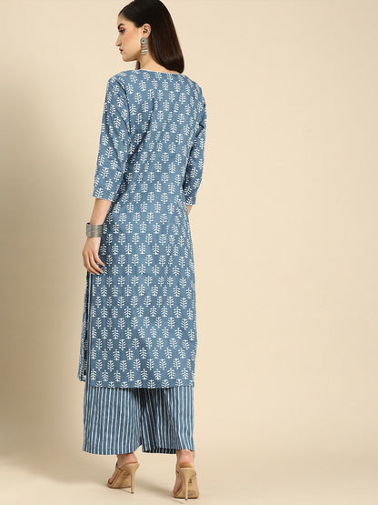 Women’s Blue Ethnic Motifs Printed Cotton Kurta Set with Striped Palazzos | Indiaista