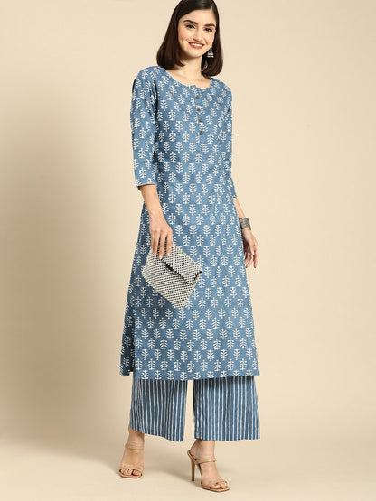 Women’s Blue Ethnic Motifs Printed Cotton Kurta Set with Striped Palazzos | Indiaista