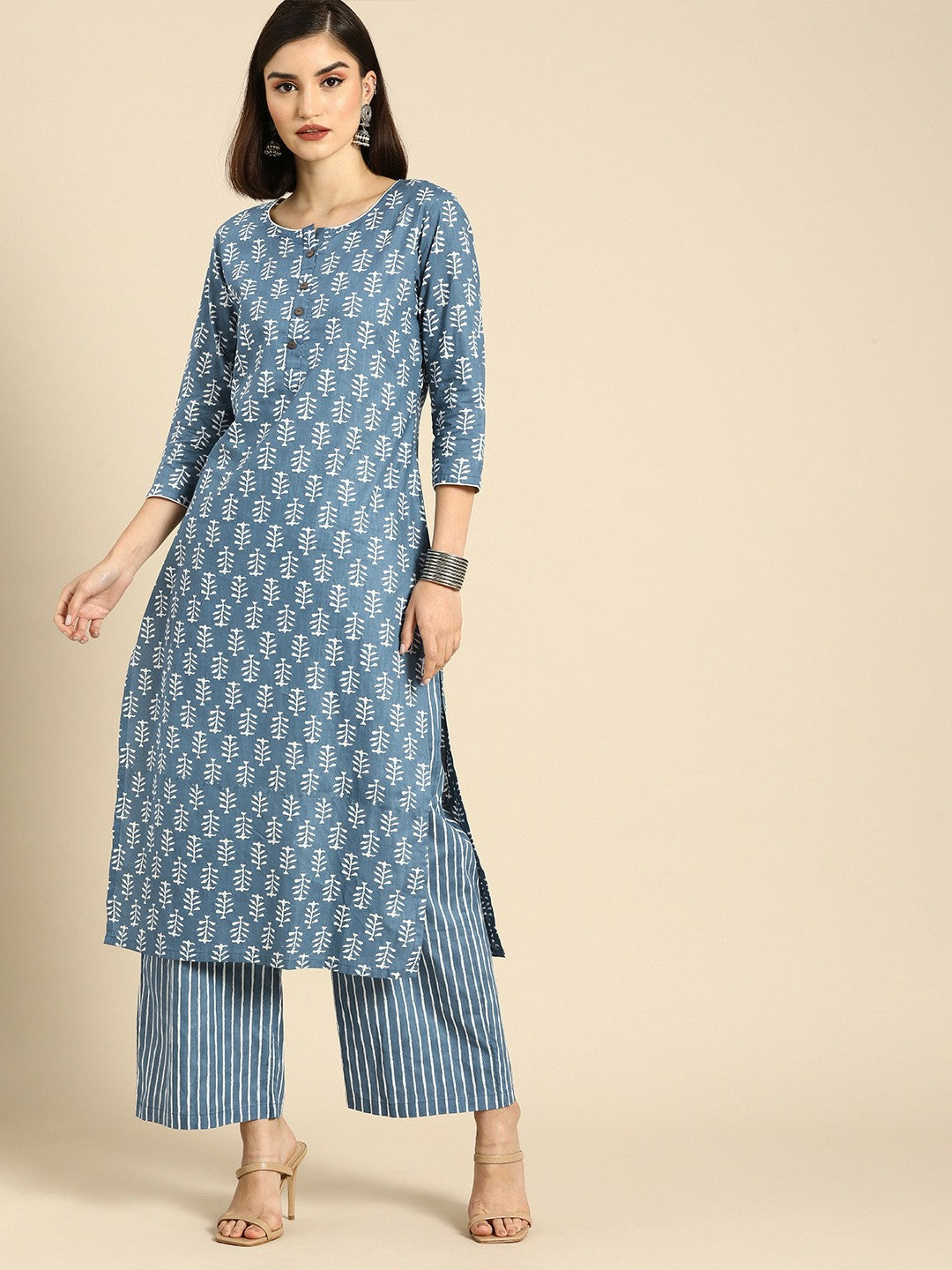 Women’s Blue Ethnic Motifs Printed Cotton Kurta Set with Striped Palazzos | Indiaista