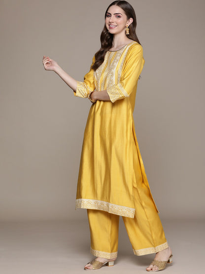 Women’s Yellow Geometric Printed Liva Kurta Set with Palazzos & Dupatta | Indiaista