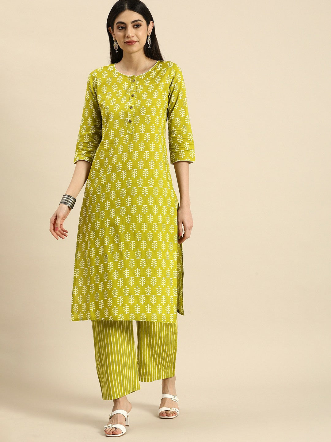 Lime Green Ethnic Motifs Printed Cotton Kurta Set for Women – Kurta with Striped Palazzos | Indiaista