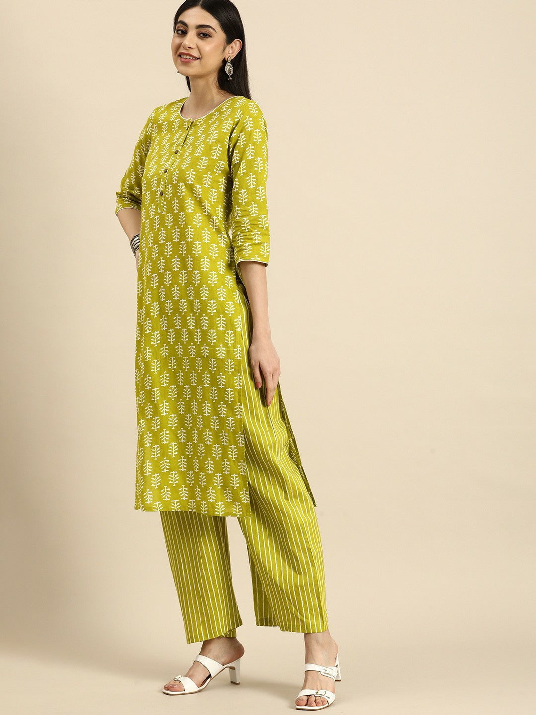 Lime Green Ethnic Motifs Printed Cotton Kurta Set for Women – Kurta with Striped Palazzos | Indiaista