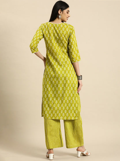 Lime Green Ethnic Motifs Printed Cotton Kurta Set for Women – Kurta with Striped Palazzos | Indiaista