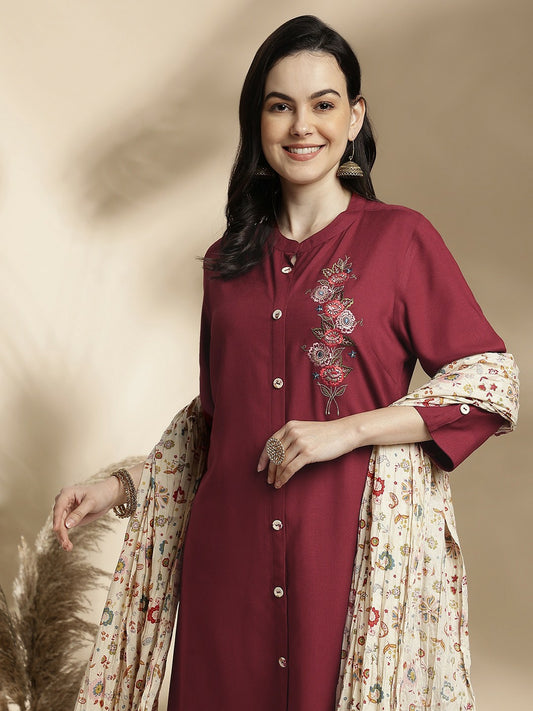 Women’s Floral Embroidered Maroon & White Pure Cotton Kurta Set with Trousers & Dupatta - Indiaista