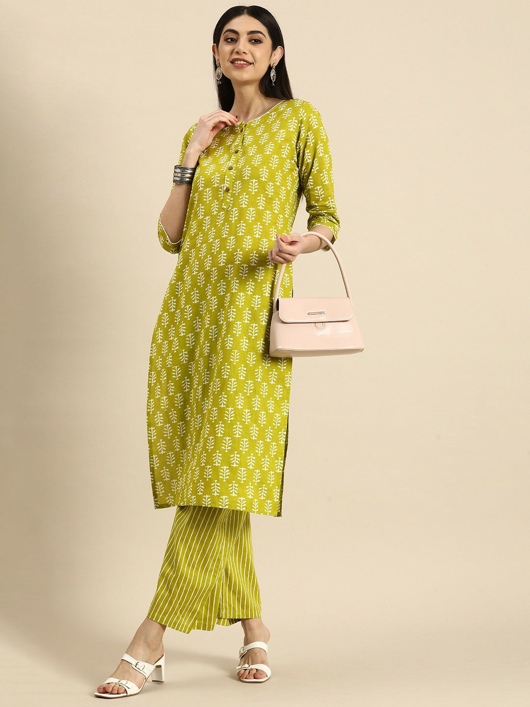 Lime Green Ethnic Motifs Printed Cotton Kurta Set for Women – Kurta with Striped Palazzos | Indiaista