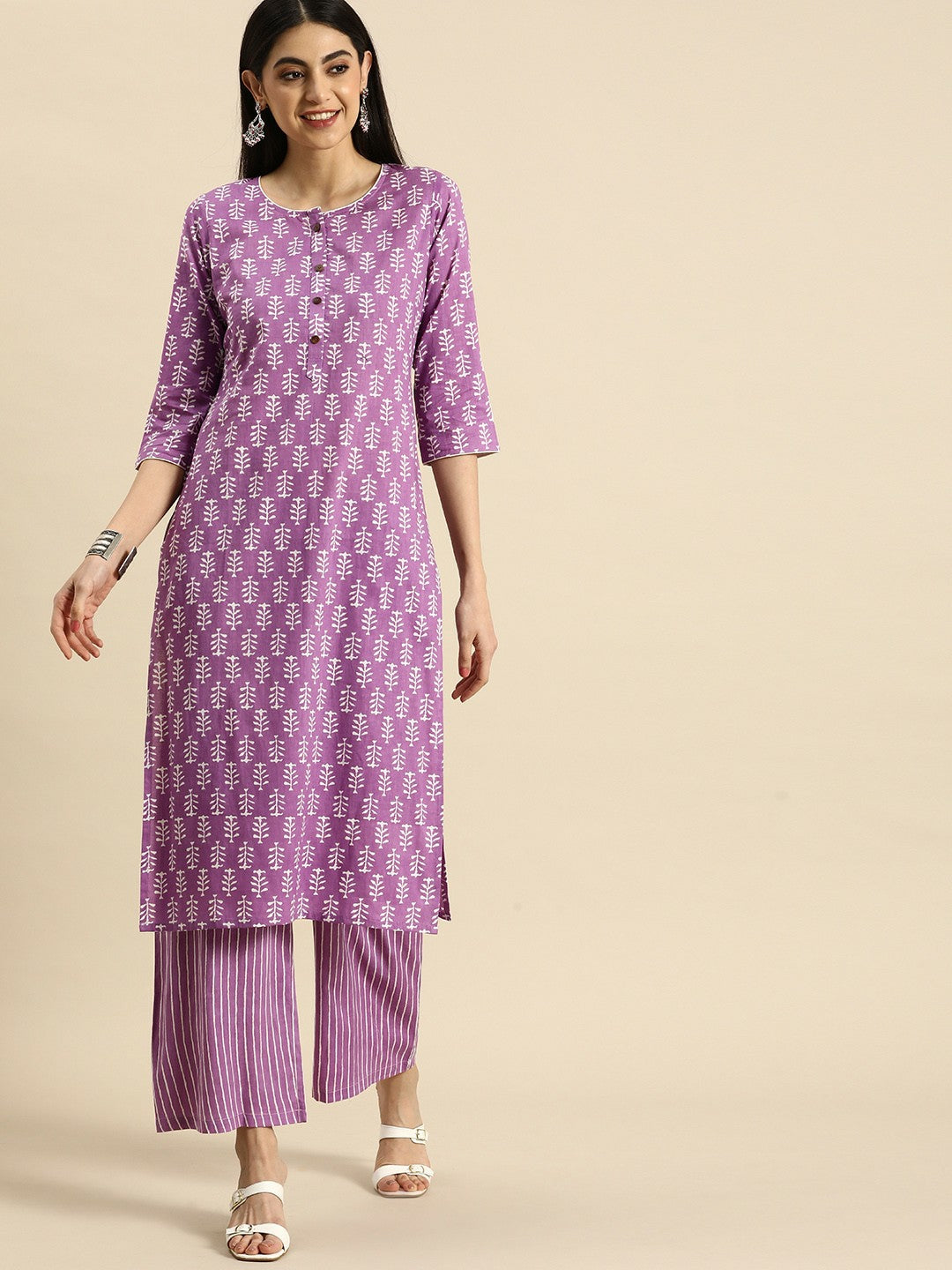 Lavender Ethnic Motifs Printed Cotton Kurta Set for Women – Kurta with Striped Palazzos | Indiaista