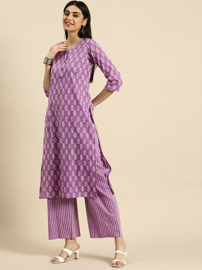 Lavender Ethnic Motifs Printed Cotton Kurta Set for Women – Kurta with Striped Palazzos | Indiaista