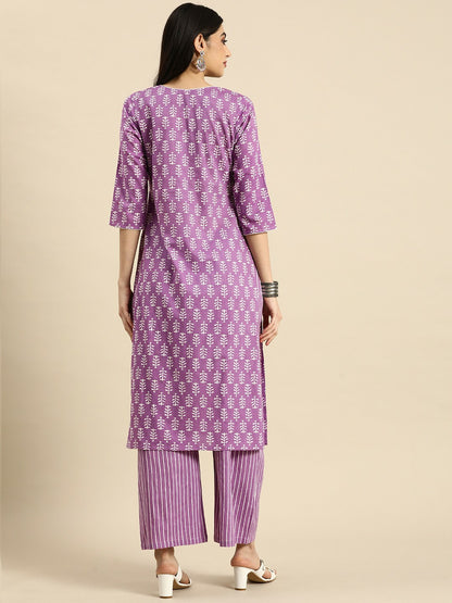 Lavender Ethnic Motifs Printed Cotton Kurta Set for Women – Kurta with Striped Palazzos | Indiaista