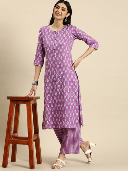 Lavender Ethnic Motifs Printed Cotton Kurta Set for Women – Kurta with Striped Palazzos | Indiaista