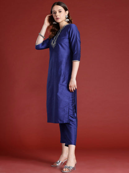 Blue Embroidered Kurta Set for Women with Dupatta – Ethnic Motifs, Mirror Work, Straight Fit | Indiaista