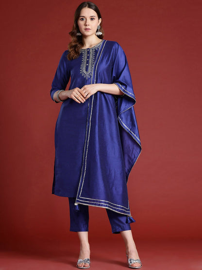 Blue Embroidered Kurta Set for Women with Dupatta – Ethnic Motifs, Mirror Work, Straight Fit | Indiaista