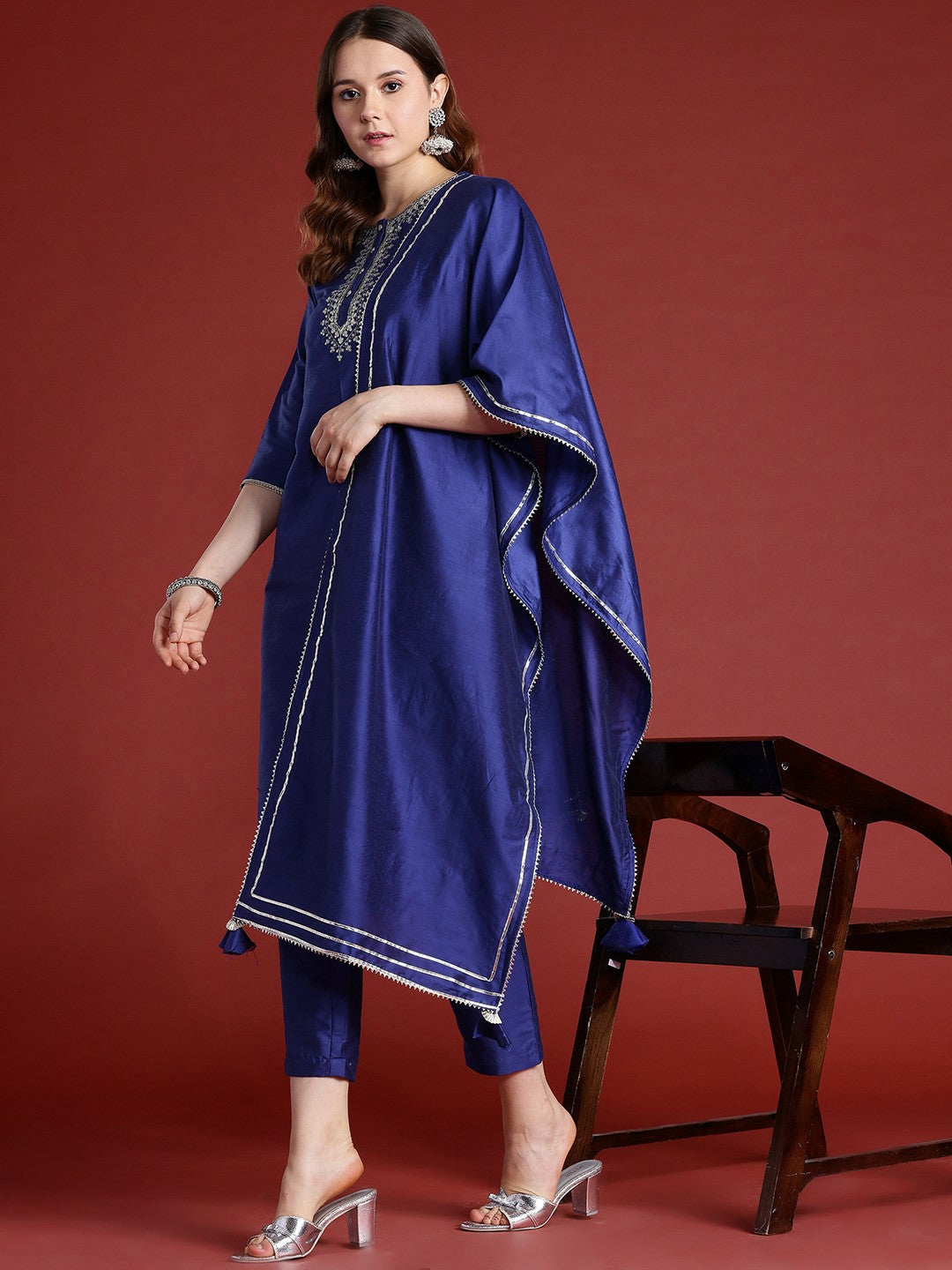 Blue Embroidered Kurta Set for Women with Dupatta – Ethnic Motifs, Mirror Work, Straight Fit | Indiaista