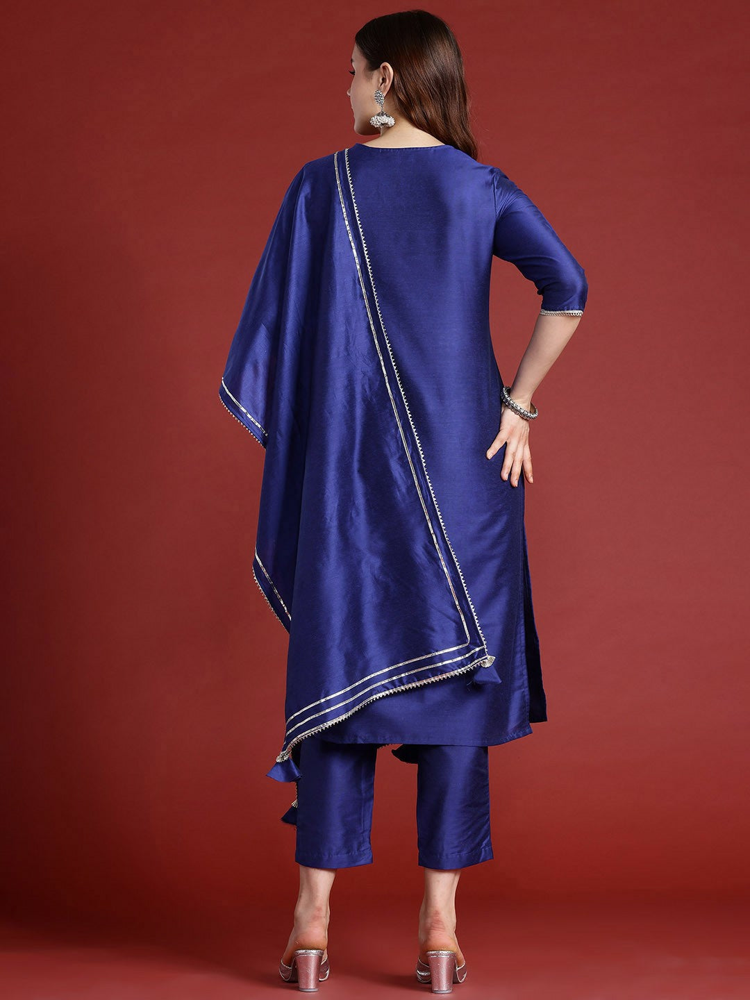 Blue Embroidered Kurta Set for Women with Dupatta – Ethnic Motifs, Mirror Work, Straight Fit | Indiaista