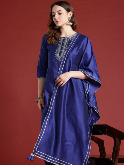 Blue Embroidered Kurta Set for Women with Dupatta – Ethnic Motifs, Mirror Work, Straight Fit | Indiaista