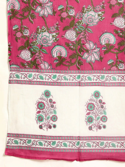 Women’s Green & Pink Floral Printed Cotton Kurta Set with Palazzos & Dupatta - Indiaista