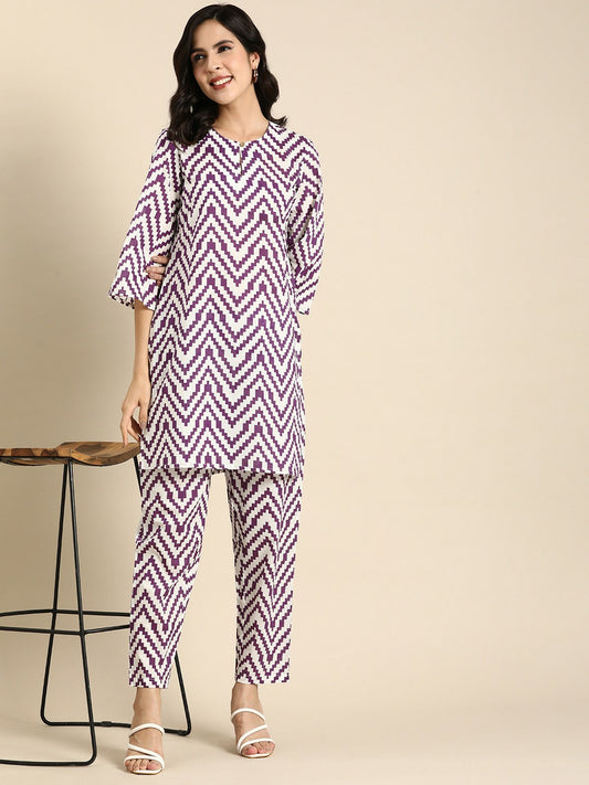 White & Purple Printed Cotton Kurta Set for Women – Straight Fit Kurta with Trousers | Indiaista