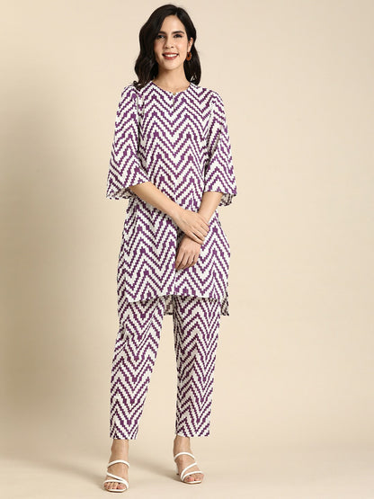 White & Purple Printed Cotton Kurta Set for Women – Straight Fit Kurta with Trousers | Indiaista