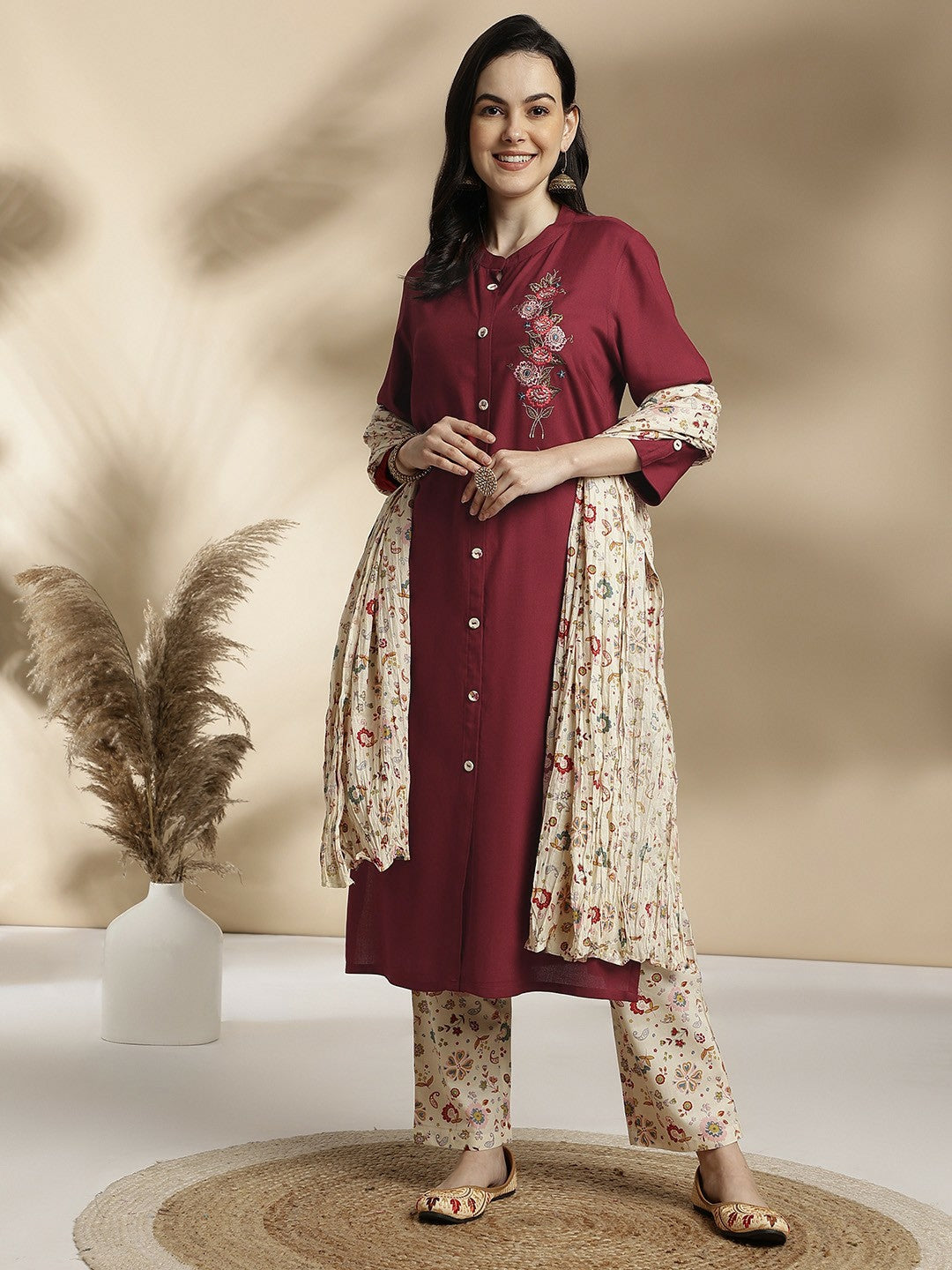 Women’s Floral Embroidered Maroon & White Pure Cotton Kurta Set with Trousers & Dupatta - Indiaista