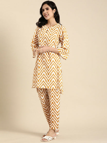 Mustard Yellow & White Printed Cotton Kurta Set for Women – Straight Fit, Keyhole Neck, Comfortable Ethnic Wear | Indiaista