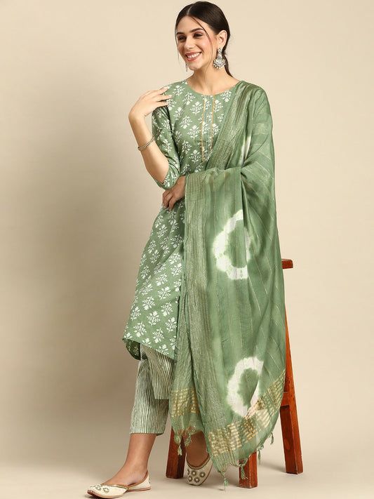 Women’s Green & White Floral Printed Cotton Kurta Set with Gotta Patti, Trousers & Dupatta | Indiaista