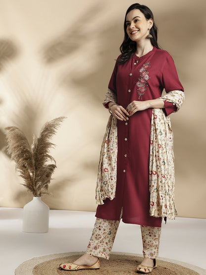 Women’s Floral Embroidered Maroon & White Pure Cotton Kurta Set with Trousers & Dupatta - Indiaista