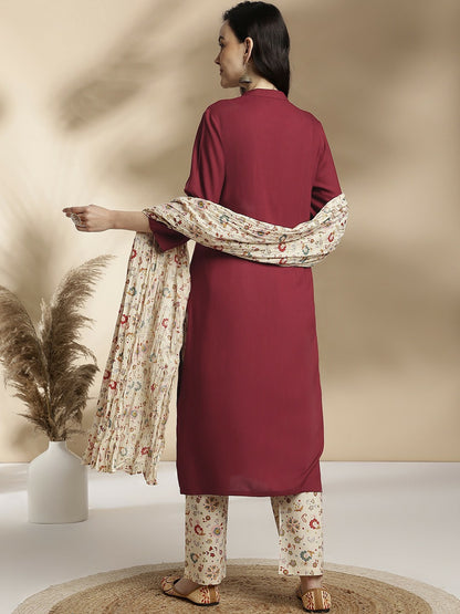 Women’s Floral Embroidered Maroon & White Pure Cotton Kurta Set with Trousers & Dupatta - Indiaista