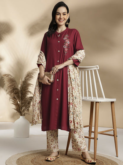 Women’s Floral Embroidered Maroon & White Pure Cotton Kurta Set with Trousers & Dupatta - Indiaista